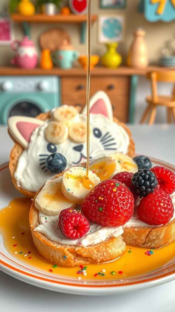Bee and PuppyCat Toast Recipe Whimsical toast topped with cream cheese, banana, and berries, decorated with sprinkles, on a colorful plate.